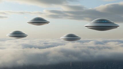 Fototapeta premium The alien city, with its silver and blue tones, hovers above the clouds as flying saucers glide around it, creating a stunning visual in a dramatic atmosphere