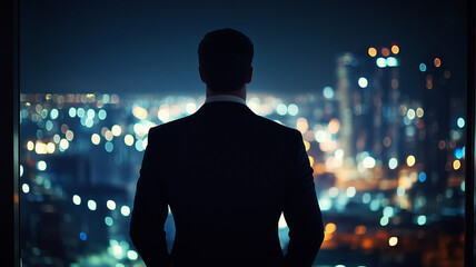 Businessman Contemplating City Lights at Night