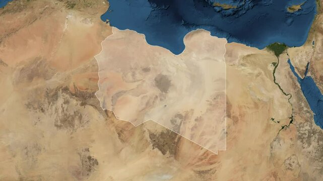 Zoom from Earth to Libya. (Highlighted) World map animation with highlighted borders of countries. Images from NASA