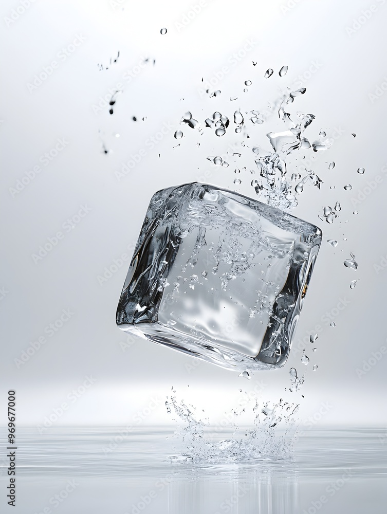 Poster shattered ice cube creating a dynamic splash in crystal clear water capturing the fluid motion and r