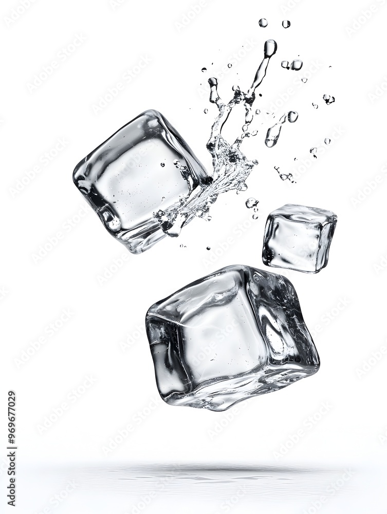 Poster shimmering ice cubes with dynamic splashing water droplets showcasing the transparent icy and refres