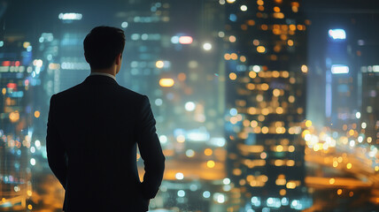 Businessman Contemplating City Lights at Night