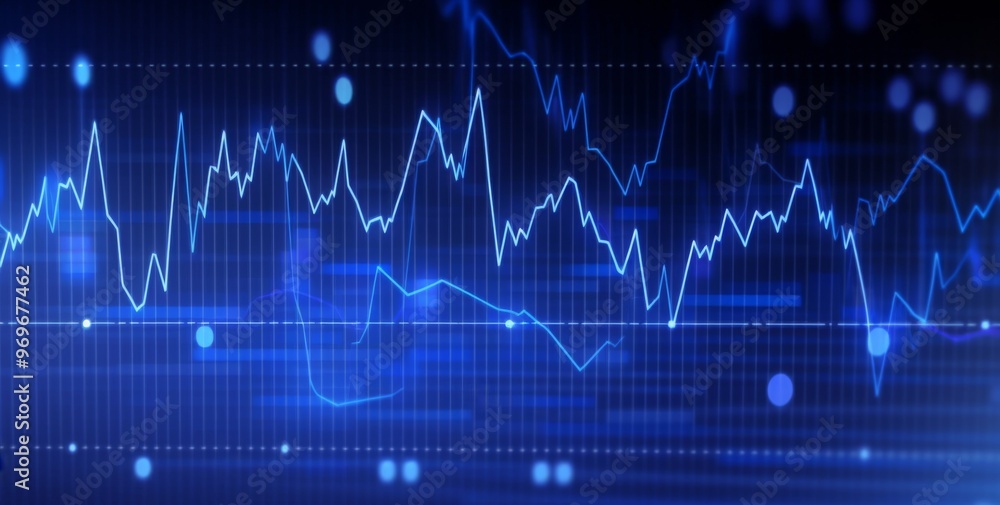 Poster digital background with trading charts featuring rising numbers and blurred bokeh . includes space f