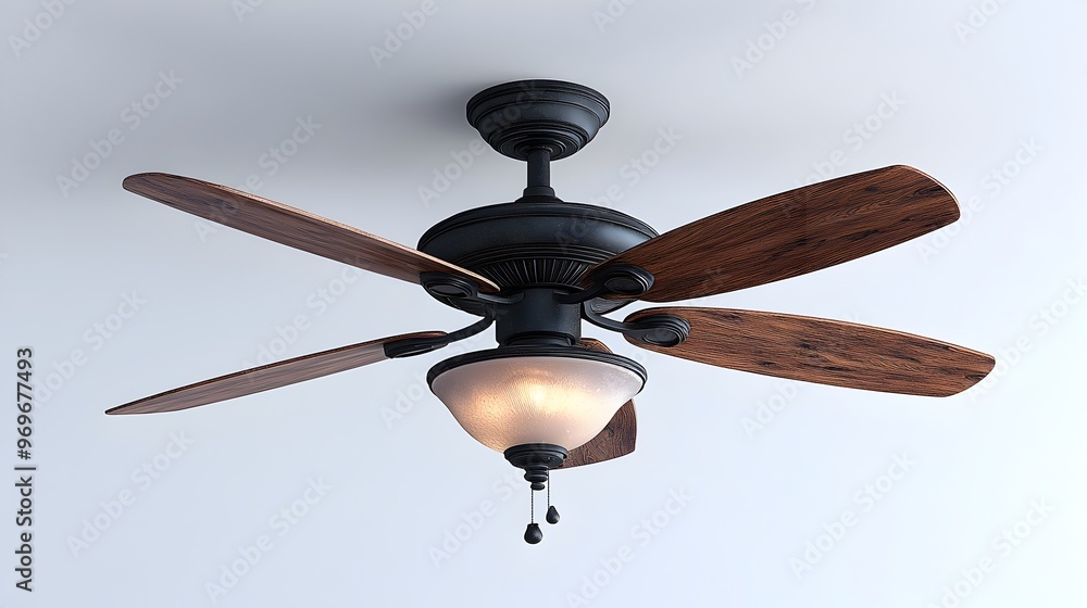 Poster sleek and contemporary ceiling fan fixture with integrated light source isolated against a pristine 