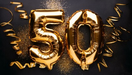 Gold foil balloon number, digit fifty. Birthday greeting card with inscription 50. Anniversary celebration event. Banner. Golden numeral, black background. Numerical digit, light bokeh, glitter
