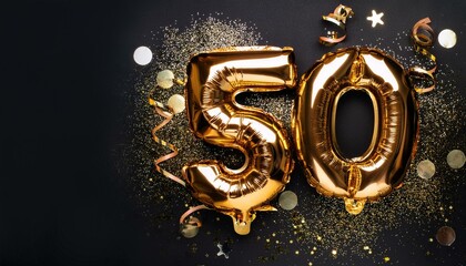 Gold foil balloon number, digit fifty. Birthday greeting card with inscription 50. Anniversary celebration event. Banner. Golden numeral, black background. Numerical digit, light bokeh, glitter