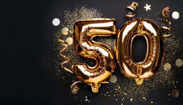Gold foil balloon number, digit fifty. Birthday greeting card with inscription 50. Anniversary celebration event. Banner. Golden numeral, black background. Numerical digit, light bokeh, glitter