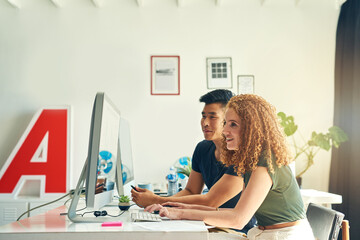 Business people, computer and collaboration for project, research and communication as creative agency. Web designer, technology and teamwork for website, wireframe and typography in office with seo