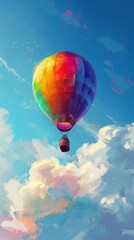 Naklejka premium The colorful hot air balloon glides smoothly through the blue sky, creating a peaceful and scenic outdoor experience with a panoramic view, optimism concept