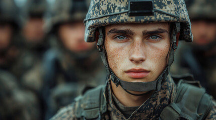 Fototapeta premium Young soldier in uniform and helmet looks intently at the camera.