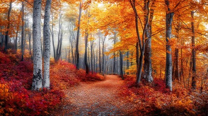 Fototapeta premium A path through a forest with trees that are orange and yellow