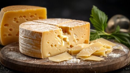 Traditional Italian grana padano cheese on an olive board.