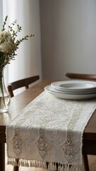 Elegant white table runner with a neatly stitched border.