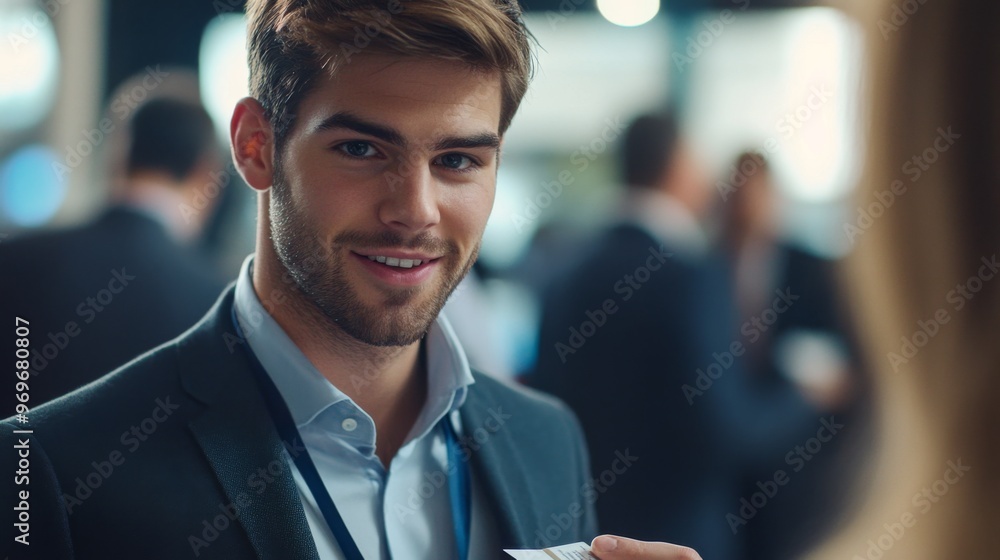 Aufkleber detailed shot of a young businessman at a networking event, engaging in conversation and exchanging 