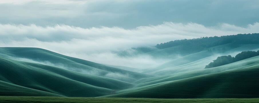 Misty rolling hills with lush greenery at