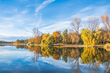 Ingolstadt, Auwaldsee, beautiful autumn view in the park by the lake