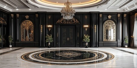 Obraz premium expensive hotel lobby with luxury black wooden panels, carvings royal style and elegant marble floor 