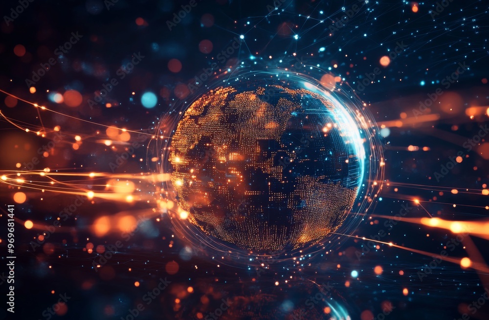 Poster digital globe surrounded by glowing connections representing global connectivity and data flow. dark