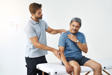 Obraz premium Physiotherapy, senior man and neck pain for exercise, stretching or wellness for health or fitness. Pensioner, male people and medic for assessment, injury or support in rehab clinic or consultation