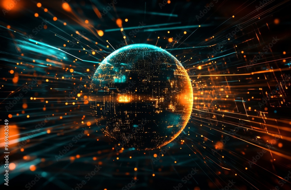 Poster digital globe surrounded by glowing connections representing global connectivity and data flow. dark