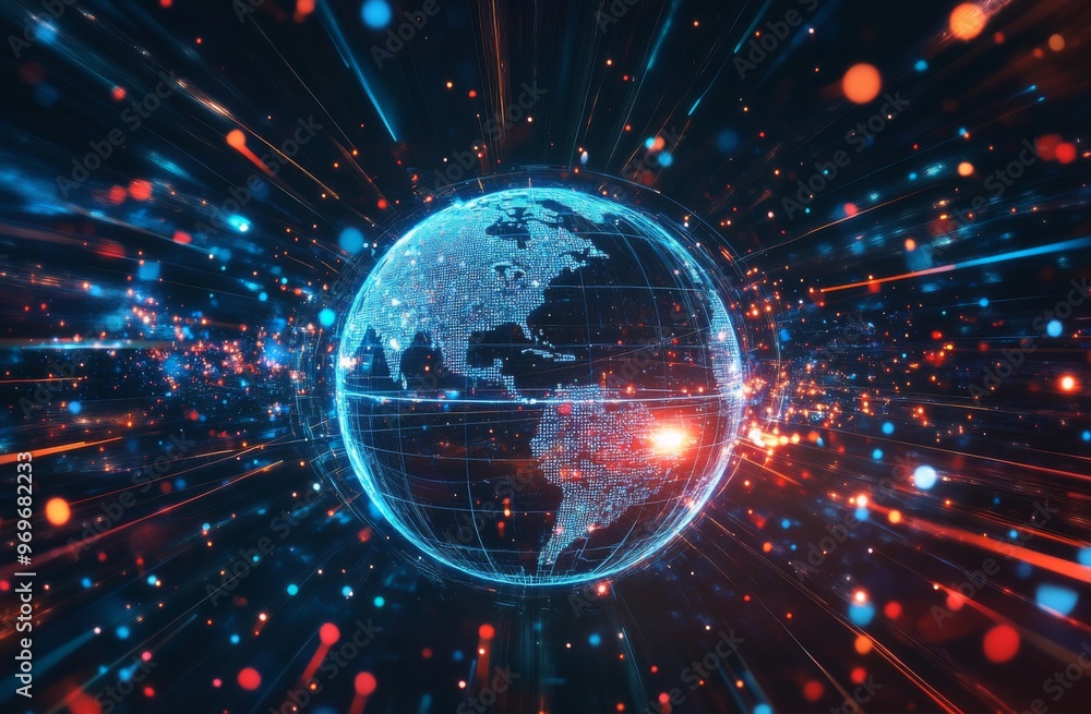 Poster digital globe surrounded by glowing connections representing global connectivity and data flow. dark
