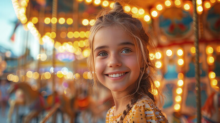 Obraz premium Joyful child in an amusement park, smiling against the background rotating carousel, cheerful colorful atmosphere, carefree childhood.