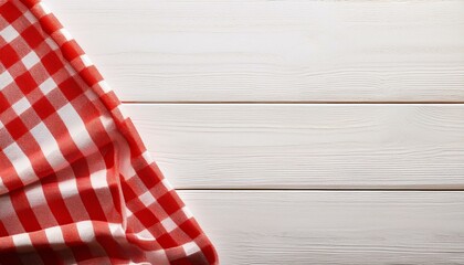 White wooden table covered with red tablecloth. View from top. Empty tablecloth for product montage. Free space for your text

