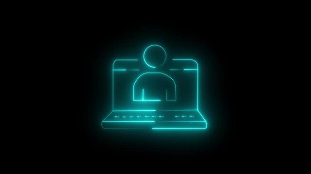 Neon detachable laptop icon cyan  glowing animation black background. 4K video