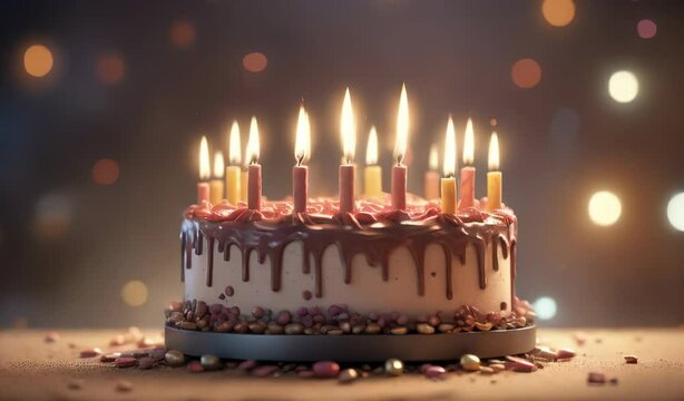 Birthday Cake with Candles Burning Brightly in Dark Background