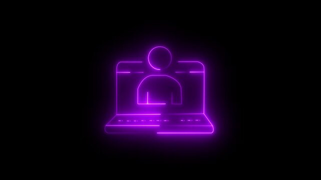 Neon detachable laptop icon cyan purple   color glowing animation black background.4k video