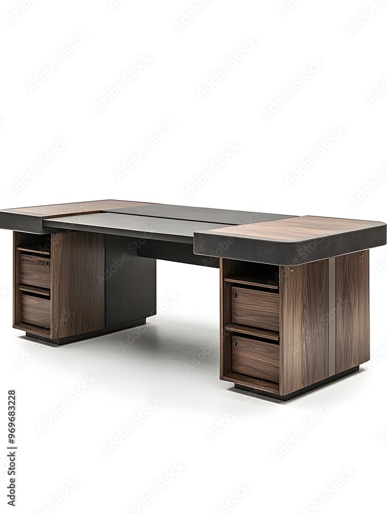 Poster sleek modern office desk with elegant built in storage solutions isolated on a clean white backgroun
