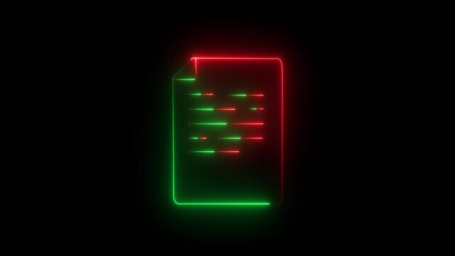 Glowing neon line file document. Download button icon isolated on black background. MP4 file symbol. 4K Video motion graphic animation. Animated PDF file icon with neon line effect