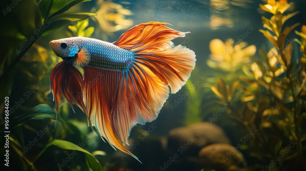 Poster detailed view of a majestic betta fish with a full display of its colorful fins and dynamic posture,