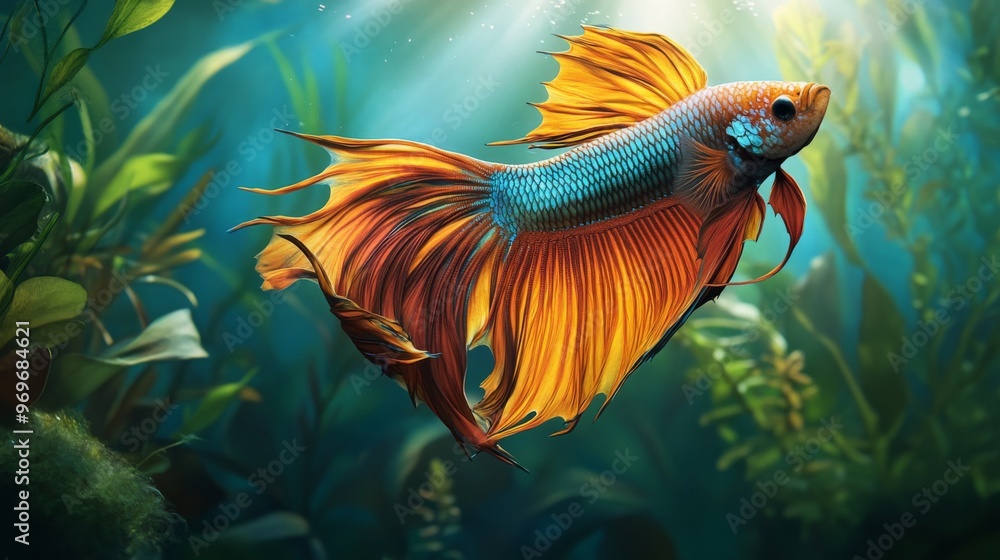 Poster detailed view of a majestic betta fish with a full display of its colorful fins and dynamic posture,