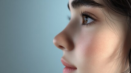 Naklejka premium Close-up profile of a young woman with clear skin, focusing on her eyes and facial features against a soft blue background.