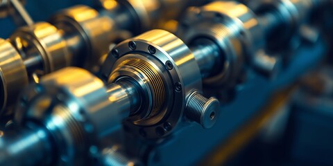A close-up image of shiny, complex mechanical parts with bolts and screws interconnected, signifying precision engineering.