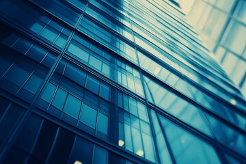 Fototapeta premium A striking view of a contemporary glass building with reflective blue windows, creating an abstract architectural scene.