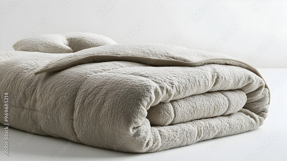 Poster soft plush duvet in a neutral color palette resting on a plain white background this cozy bedding it