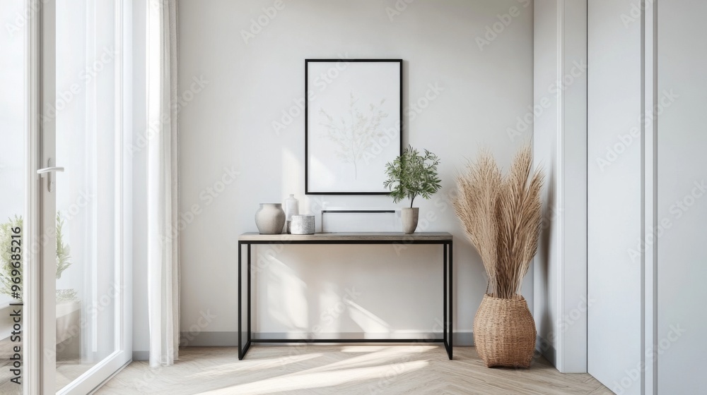 Poster Detailed view of a minimalistic dining area with a simple table, elegant chairs, and understated decor, creating a refined and open dining space.