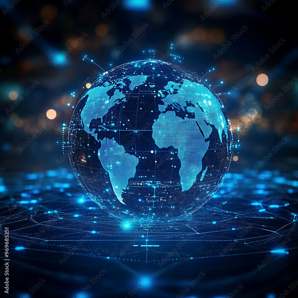 Poster blue hologram globe with world map with glowing data streams, ai global communication networks, virt