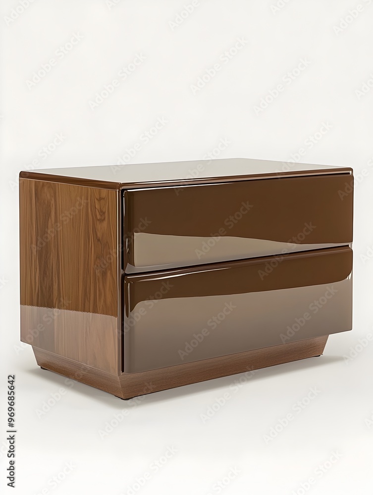 Poster sophisticated and sleek high gloss finish drawer chest displayed in a clean white studio setting sho