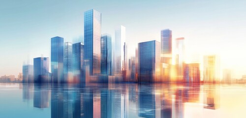 Obraz premium Digital Illustration of Urban Skyline with Skyscrapers and Buildings Reflecting in Water. Represents City Development and Modern Architecture.