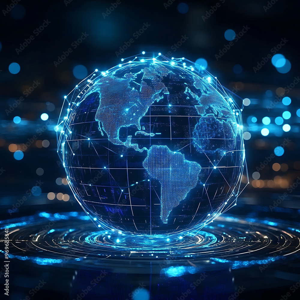 Poster blue hologram globe with world map with glowing data streams, ai global communication networks, virt