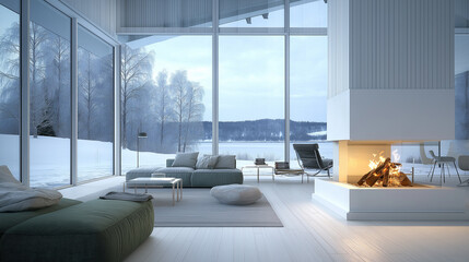 Interior design with furniture, boho scandinavian style, home staging and minimalism concept. large stained glass windows, winter forest outside the .windows. Vacation in a country house