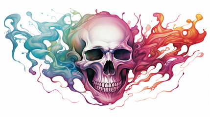 image of colorful spirits or ethereal wisps emerging from the mouth of a skull on a white background.