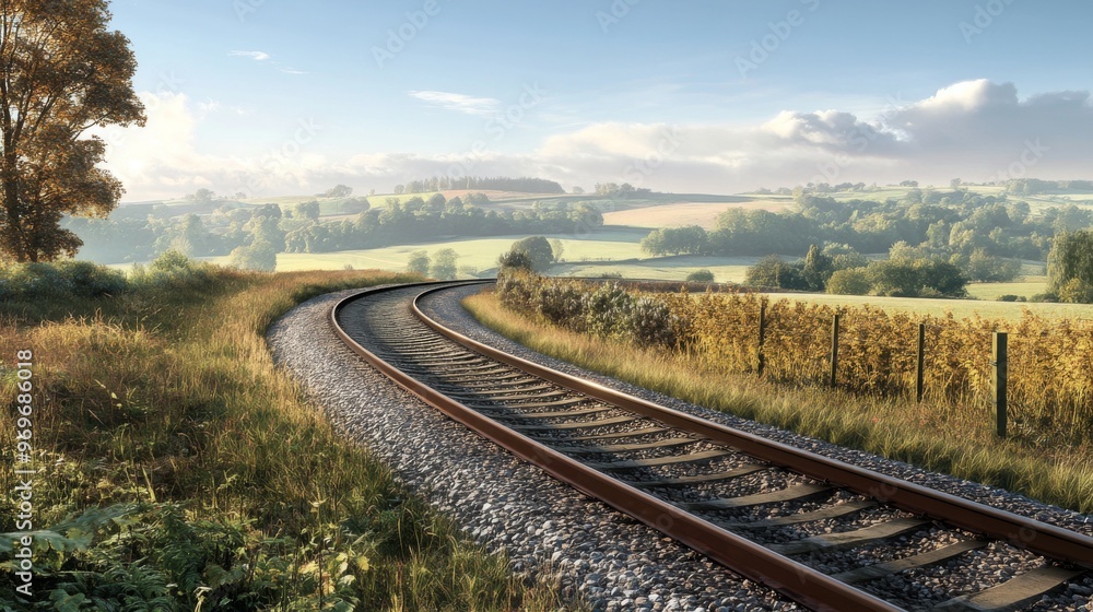 Poster detailed view of a railway track curving through a scenic countryside, with emphasis on the tracks, 