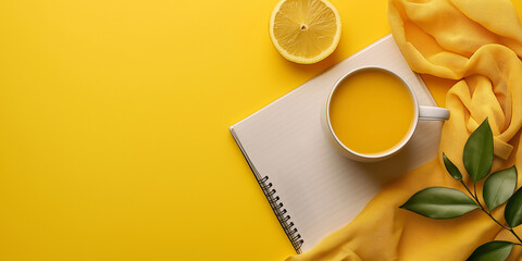 A bright yellow scene with a cup of yellow drink, lemon, a notebook, and a yellow scarf with green leaves.