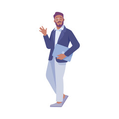 Bearded Man Entrepreneur Character Standing with Laptop Vector Illustration