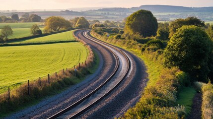 Detailed view of a railway track curving through a scenic countryside, with emphasis on the tracks, surrounding fields, and distant hills.