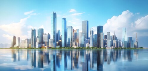 Fototapeta premium Digital Illustration of Urban Skyline with Skyscrapers and Buildings Reflecting in Water. Represents City Development and Modern Architecture.